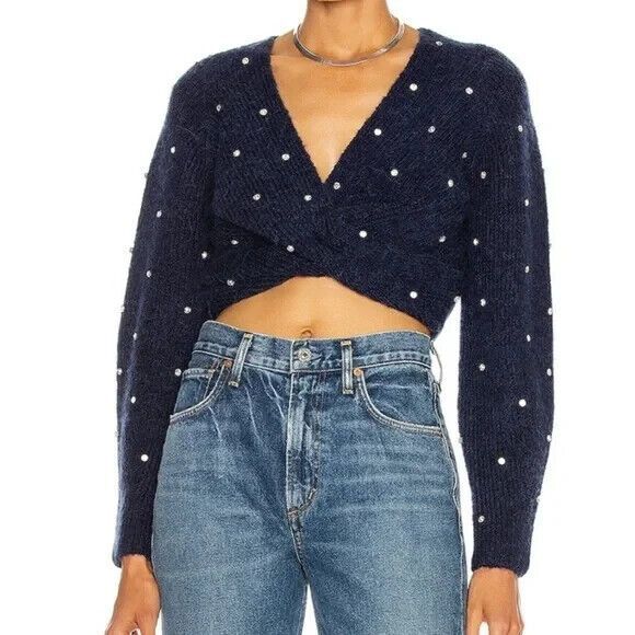 SELF PORTRAIT Sweater Womens Medium Blue Pullover Crop Front Twist Diamante - Picture 1 of 10